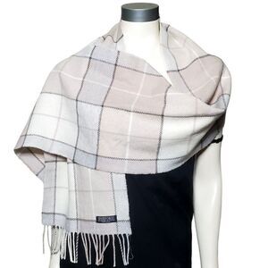 FOXFORD 100% Lambswool Blanket Scarf IRELAND Plaid Brown Cream Fringe